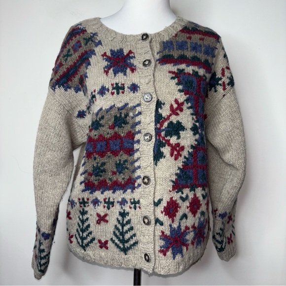 Vintage Talbots Wool Sweater Cardigan Petite Small Hand Knit Snowflakes Trees - Picture 10 of 11